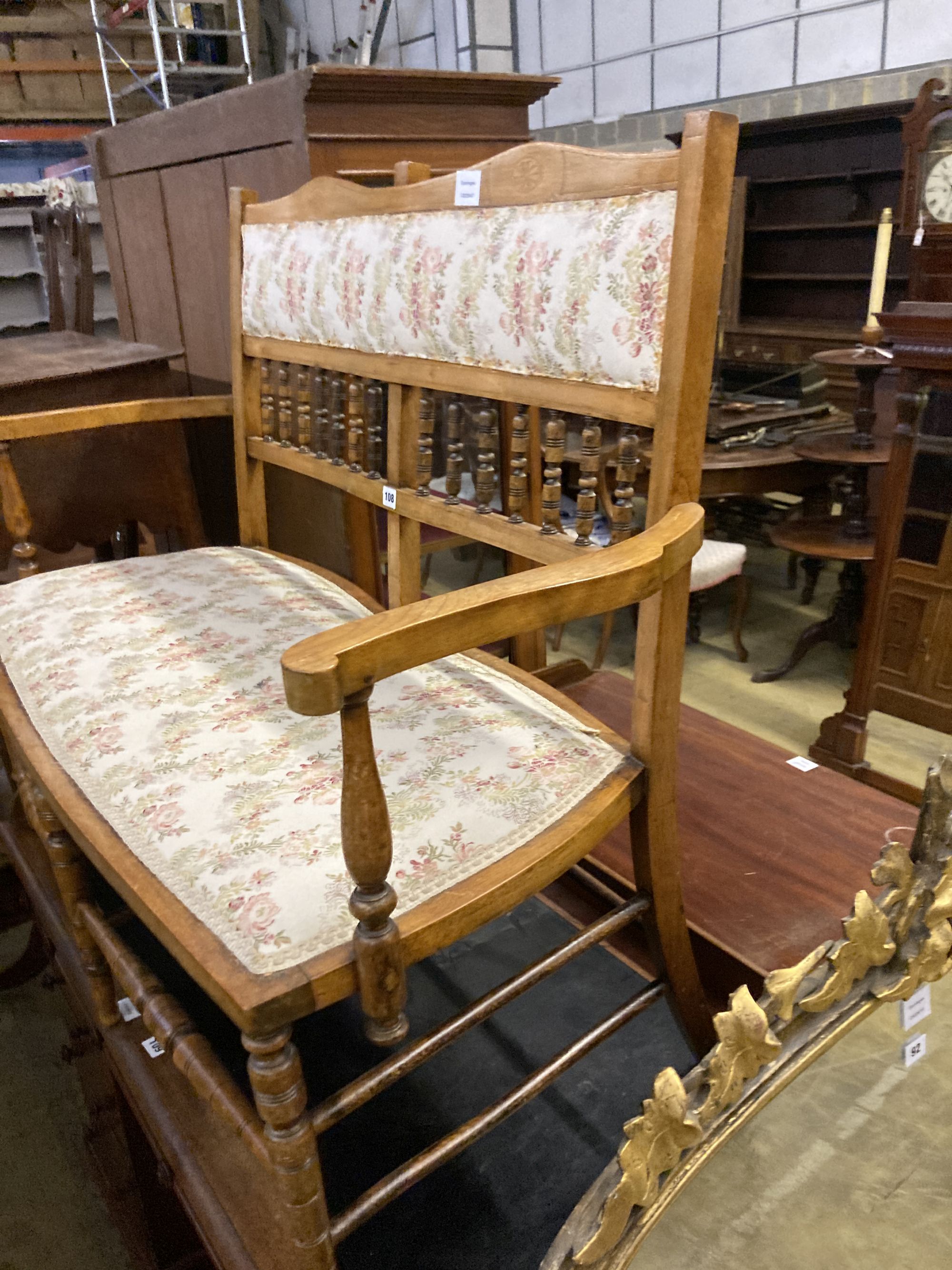 A late Victorian chair back settee, length 110cm, depth 44cm, height 90cm